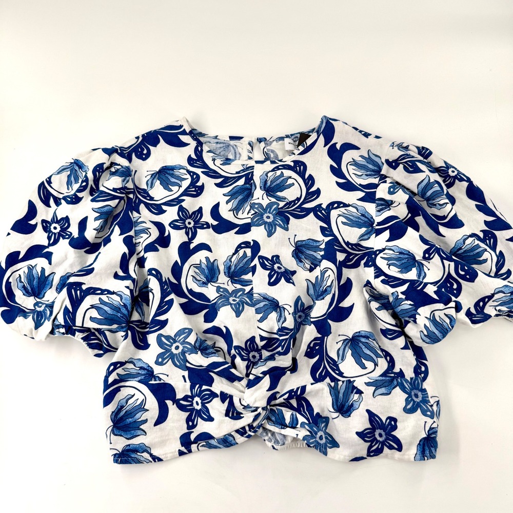 Marc New York Blue Floral Paisley Linen Blend Puff Sleeve Crop Top NWT Small